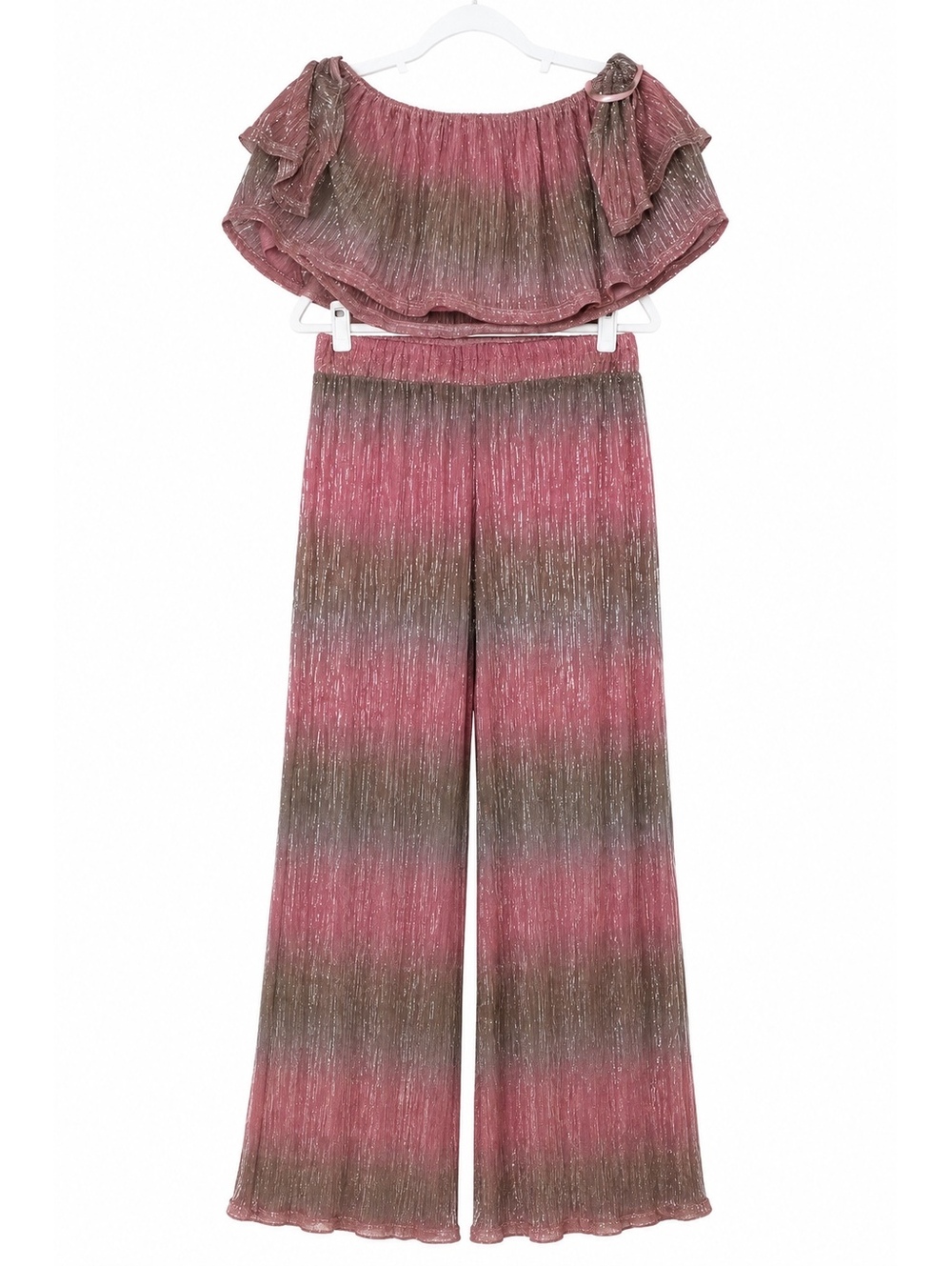 NWT Wild Honey L-Sheer Metallic Pink 2 Pc Pants Set Off Shoulder Ruffle Tube Top
